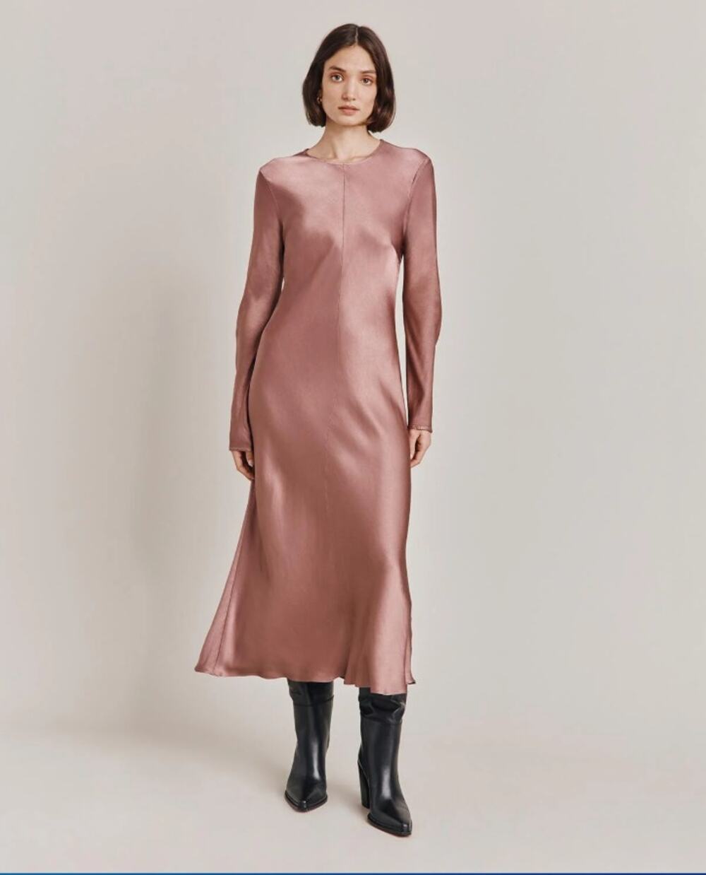 Ghost London Mari Long Sleeve Satin Midi Dress Midnight Mauve Size Medium